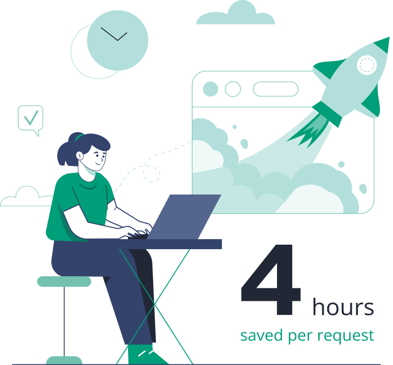 girl working on computer, with background of clock and rocket